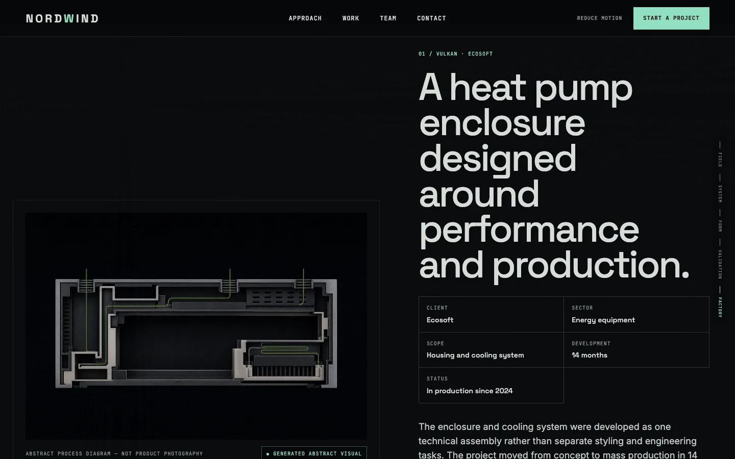 FIELD → FACTORY stations: one continuous camera descent through the page.