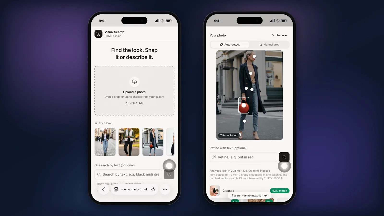 FImageSearch home screen and a street-style look analyzed with 7 items found