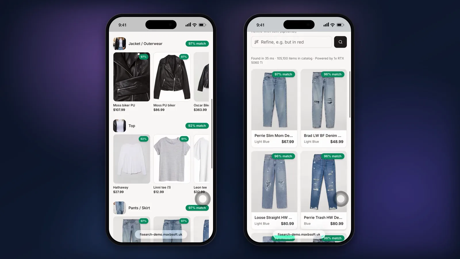 Search results grouped by garment with match percentages