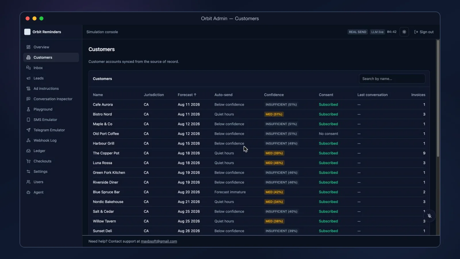 Orbit admin: customers table with reorder forecasts, confidence and consent