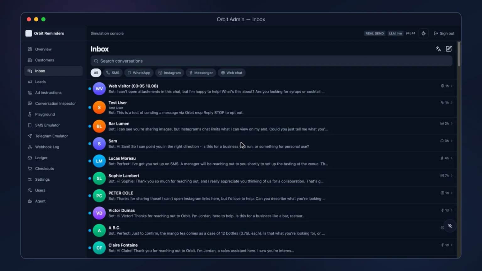 Orbit admin: unified inbox across SMS, WhatsApp, Instagram, Messenger and web chat