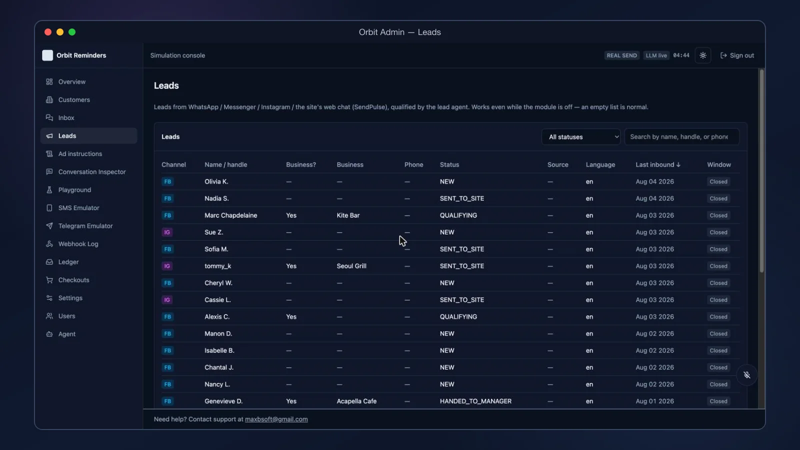 Orbit admin: leads pipeline with qualification statuses per channel