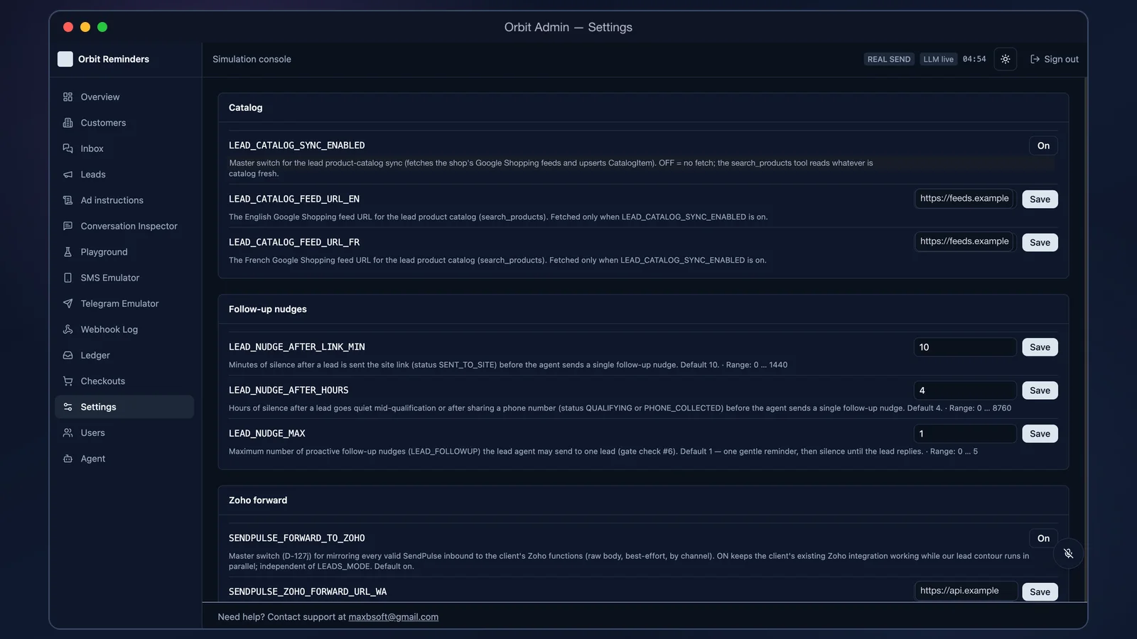 Orbit admin: runtime settings with catalog feeds, nudge cadence and integrations